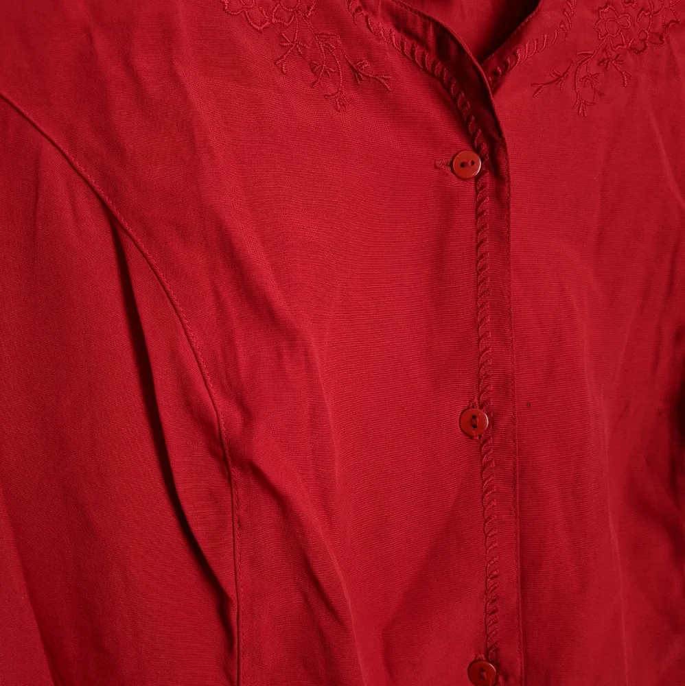 Vintage Red Embroidered Short Sleeve Button Down Blouse - Picture 4 of 16